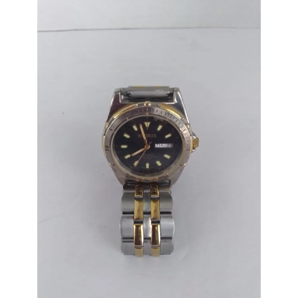 Vintage‎ Two-Tone Stainless Steel Watch with Day-Date Display Black Dial Markers